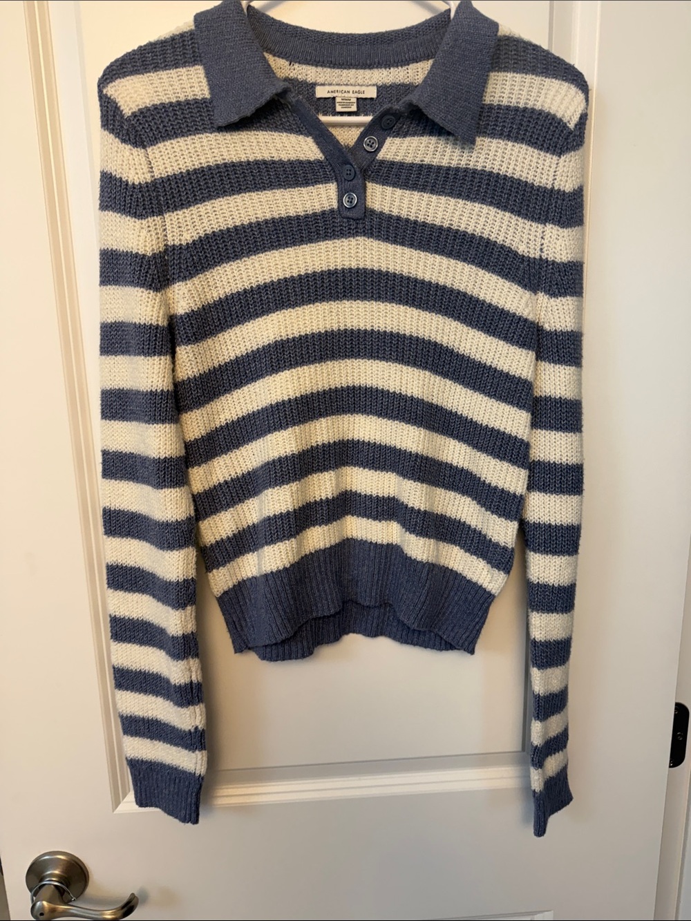 American Eagle Blue and Cream Striped Collared Polo Sweater